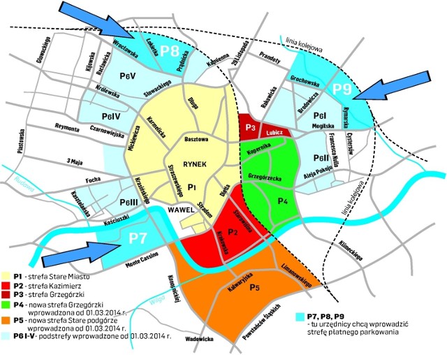 Plany urzędników są takie, by strefa płatnego parkowania powiększyła się w trzech obszarach (wskazują je strzałki)