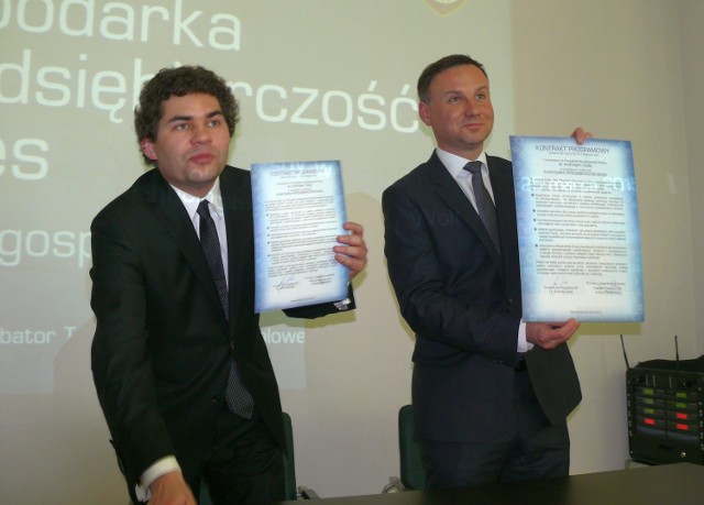 Andrzej Duda na konferencji w Inkubatorze Tecchnologicznym, po podpisaniu z prezydentem Lucjuszem Nadbereżnym kontraktu programowego.