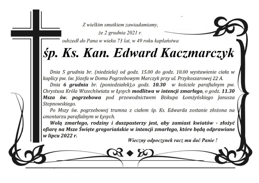 Zmarł ks. Edward Kaczmarczyk, kapłan pochodzący z parafii pw. Chrystusa Króla Wszechświata w Łysych. Zmarł 2.12.2021