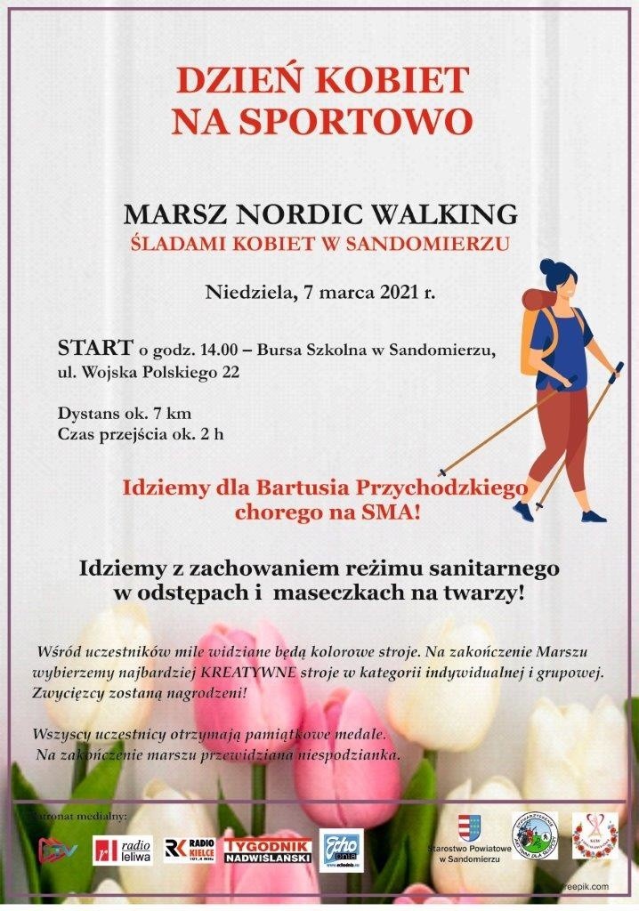 Powiatowy Dzień Kobiet na sportowo. Marsz Nordic Walking śladami kobiet w Sandomierzu. Marsz dla chorego Bartusia