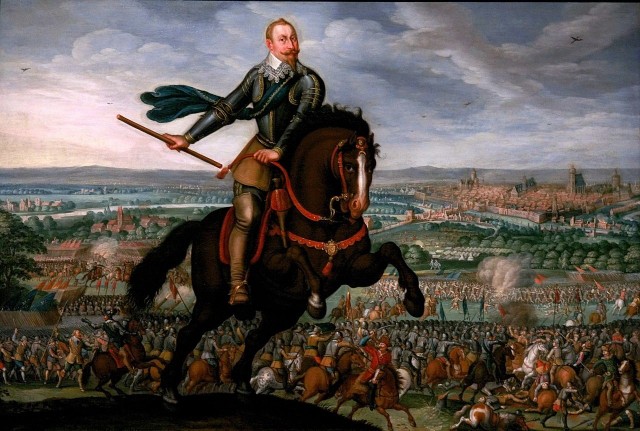 Król Szwecji Gustaw II Adolf w tle bitwa pod Breitenfeld (obraz Johanna Waltera z 1632 r.)