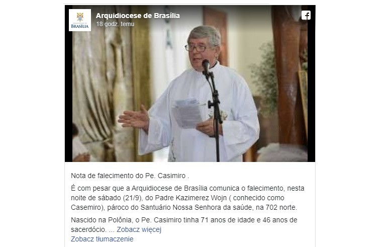 Brazylia: Ksiądz Kazimierz Wojno nie żyje. Duchowny z diecezji łomżyńskiej został zamordowany podczas napadu rabunkowego [23.09.2019]