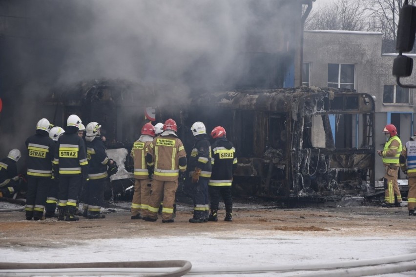 Pożar w hali miejskiej komunikacji w Wejherowie. Spłonęły dwa autobusy. Na miejscu działało 14 zastępów straży pożarnej| [zdjęcia]