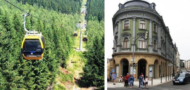 Od lewej: Kolejka gondolowa na górę Stóg Izraelski oraz  Liberec.