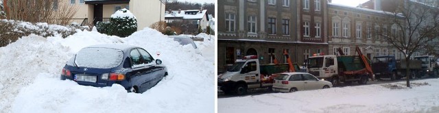 Tak zasypany z wszystkich stron samochód zastał nasz Internauta - H. Mroczkowski.(z prawej) Śnieg z parkingu przed sklepem "Torg" przy ul. Zwycięstwa usuwali pracownicy PGK i więźniowe. 