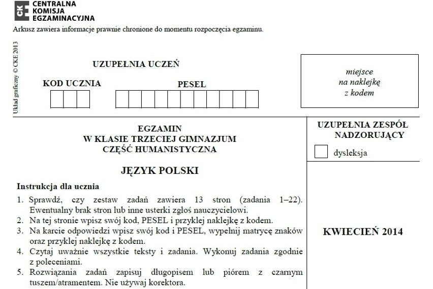 Egzamin gimnazjalny 2014 - język polski - arkusz odpowiedzi