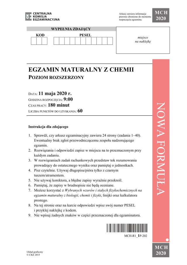 Matura chemia 2020 ODPOWIEDZI UJ, ARKUSZ CKE