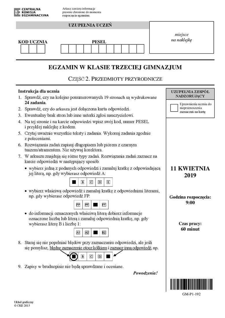 Egzamin gimnazjalny 2019 PRZYRODA - część przyrodnicza -pytania - zobacz jakie były pytania i odpowiedzi - rozwiązania - arkusze cke