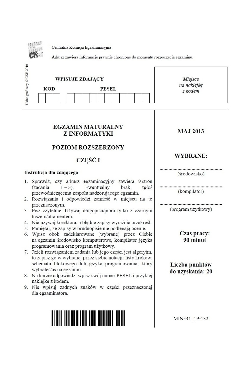 MATURA 2013 z CKE. Informatyka - poziom rozszerzony [ARKUSZE CKE, ODPOWIEDZI]