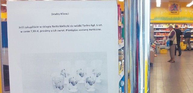 Informacja o zwrocie kieliszków w sklepie Netto w Słupsku.