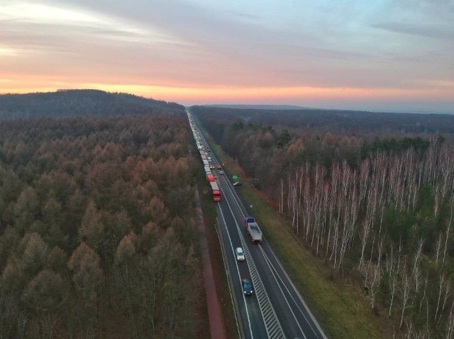 Kolejka samochodów ciężarowych do przejścia granicznego w Dorohusku