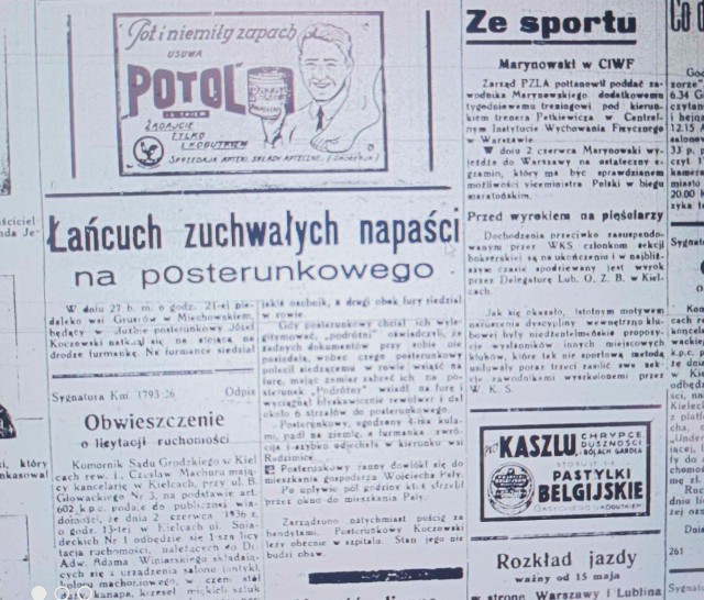 W Gazecie Kieleckiej z 29 maja 1936 roku informacja o napadzie na policjanta w Gruszowie sąsiaduje z doniesieniami na temat formy najsłynniejszego proszowickiego sportowca Jana Marynowskiego