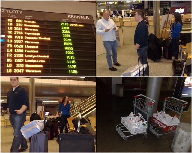 Lotnisko w Poznaniu w środę wieczorem. Pasażerowie ze Szczecina czekają na informacje o locie do Goleniowa.