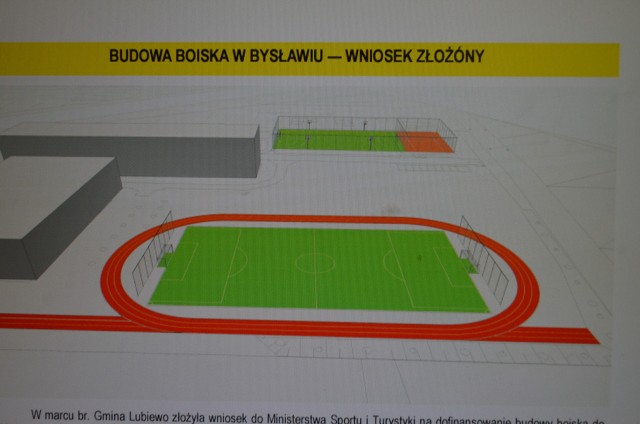 To projekt  boiska do piłki  nożnej przy Zespole Szkół w Bysławiu. Gmina chce pozyskać  środki na  jego budowę