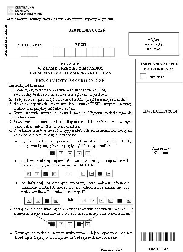 EGZAMIN GIMNAZJALNY 2015. Część matematyczno-przyrodnicza...