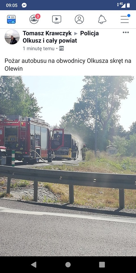 Pożar nowego autobusu w miejscowości Olewin koło Olkusza. Pasażerom udało się bezpiecznie uciec