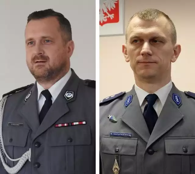 Z lewej inspektor Maciej Wesołowski - bielski komendant, który od teraz kieruje białostockimi policjantami. Z prawej inspektor Wojciech Macutkiewicz, dotychczasowy komendant białostocki. Został po. komendanta powiatowego w Bielsku Podlaskim.