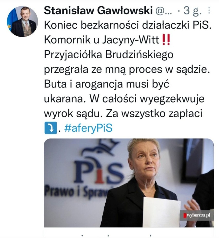 Jacyna-Witt kontra Gawłowski. Wymiana zdań na Twitterze. Komornik, radna i senator, czyli w polityce bez zmian 