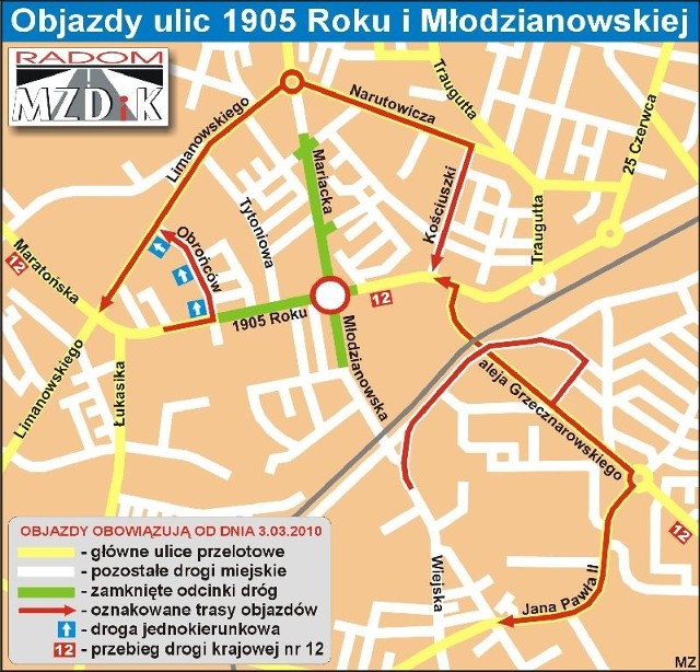 Objazdy ulic 1905 Roku i Młodzianowskiej.