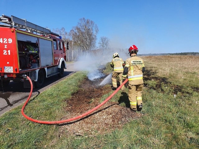 Jednostka OSP Czaplinek w drodze do pożaru lasu w miejscowości Czarne Wielkie natrafiła na pożar trawy