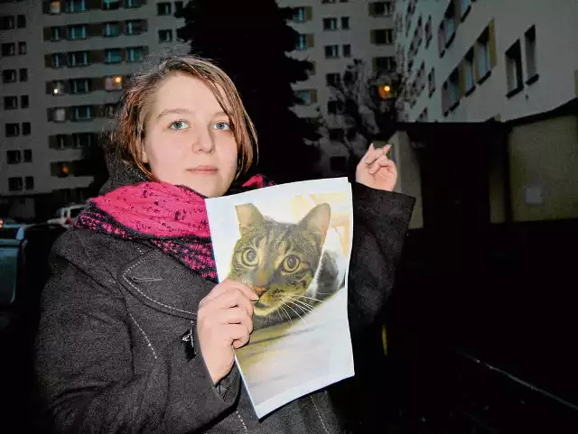 Aleksandra Piwczyk ze zdjęciem swego ukochanego kota Maćka, w miejscu gdzie 9 grudnia doszło do zdarzenia. Ktoś dotkliwie skopał jej pupila. Obrażenia były tak duże, że zwierzę trzeba było uśpić