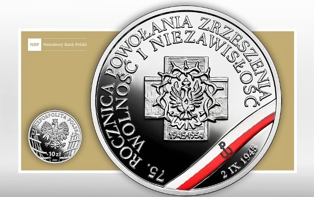 Ważny kolorowy akcent monety - biało-czerwona flaga ze znakiem Polski Walczącej