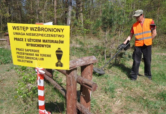 Jeden z saperów z firmy Telkaz z wykrywaczem metalu przeczesuje leśną drogę w pobliżu cmentarza wojennego w Bornem Sulinowie. 