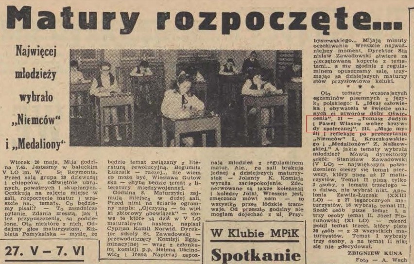 Matura 1970. Wśród tematów z języka polskiego "Tomasz Judym...