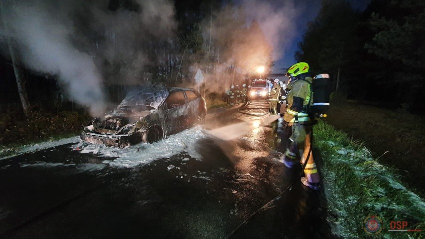 Pożar samochodu w Dudach Puszczańskich, gm. Łyse. 8.05.2021. Zdjęcia