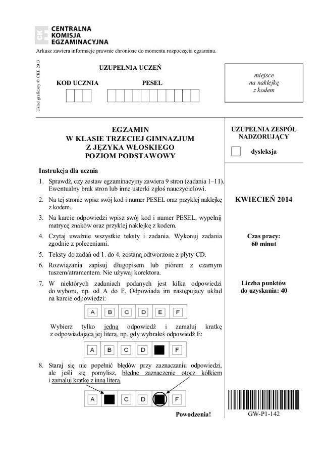Egzamin gimnazjalny 2014 - arkusze z języka włoskiego, poziom podstawowy