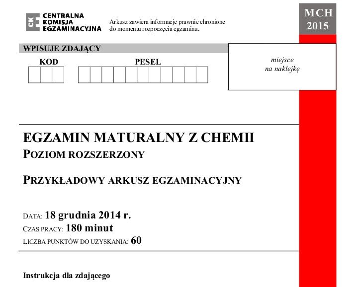 Próbna matura 2014/2015 z CKE - chemia (p. rozszerzony) [ARKUSZE,  ODPOWIEDZI] | Dziennik Bałtycki