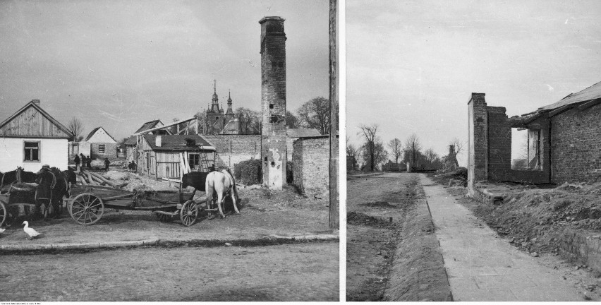 Lata 1939-1940. Uszkodzone budynki mieszkalne, w tle...