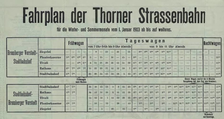 Rozkład jazdy toruńskich tramwajów z wydanego w 1903 roku...