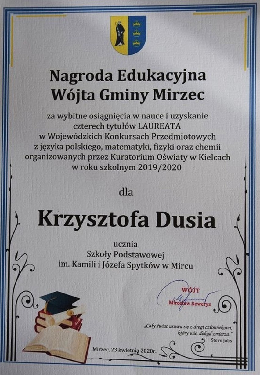 Taki dyplom otrzymał od wójta gminy Mirzec