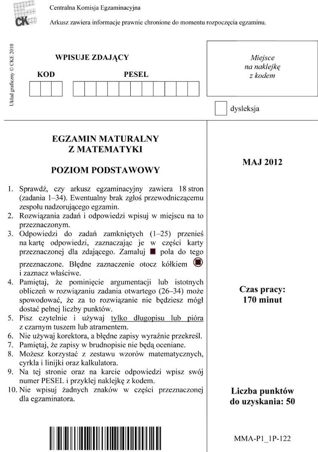 Matura 2012 z matematyki - arkusz, zadaniaMatura 2012. Odpowiedzi z matematyki