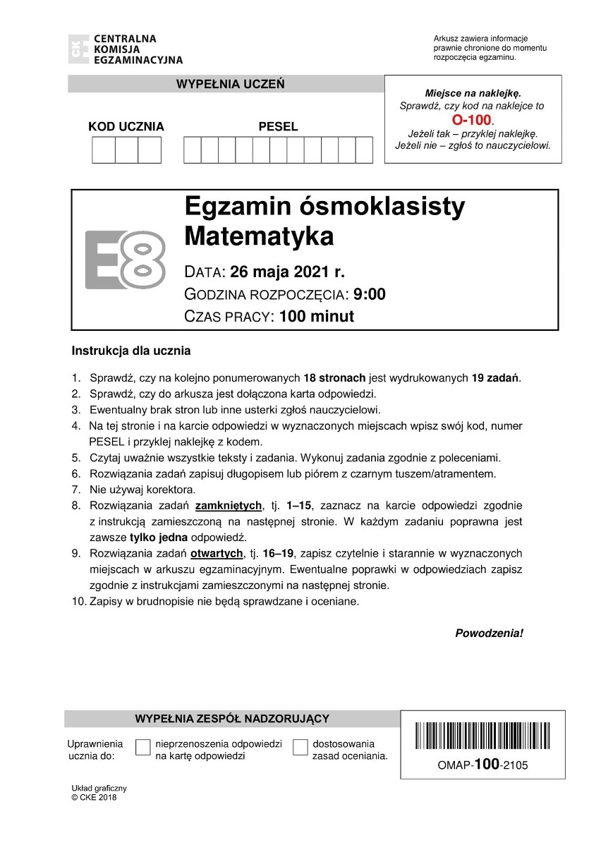 Egzamin ósmoklasisty MATEMATYKA. Arkusze CKE, Odpowiedzi,...