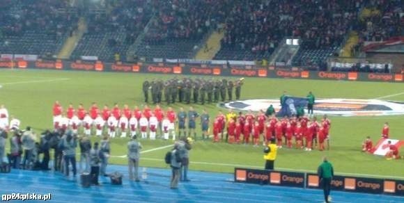 Reprezentacje Polski i Kanady na murawie stadionu Zawiszy w Bydgoszczy.
