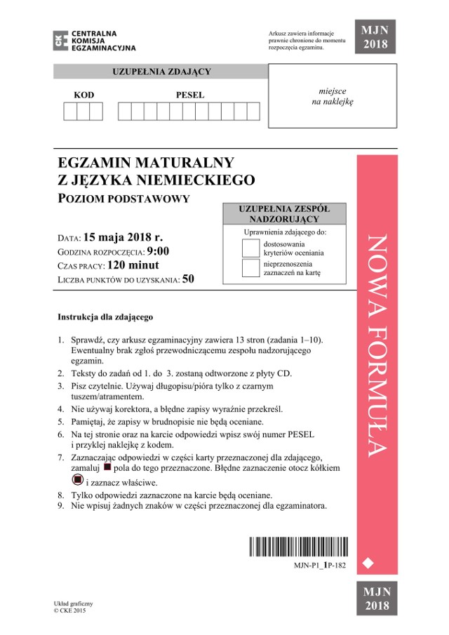 Matura Niemiecki 2018 podstawowy Arkusz CKE. Odpowiedzi z matury z j. niemieckiego (NIEMIECKI p. podstawowy)