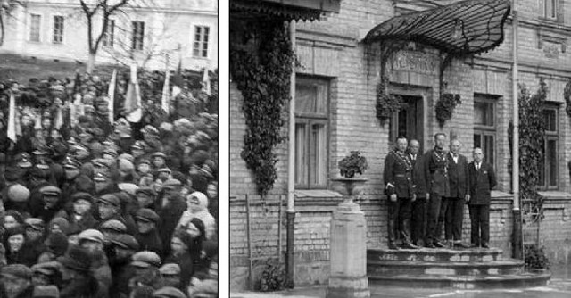 Z lewej: Jedna z demonstracji grajewian pod gmachem starostwa. Z prawej: Budynek grajewskiego magistratu w okresie II RP