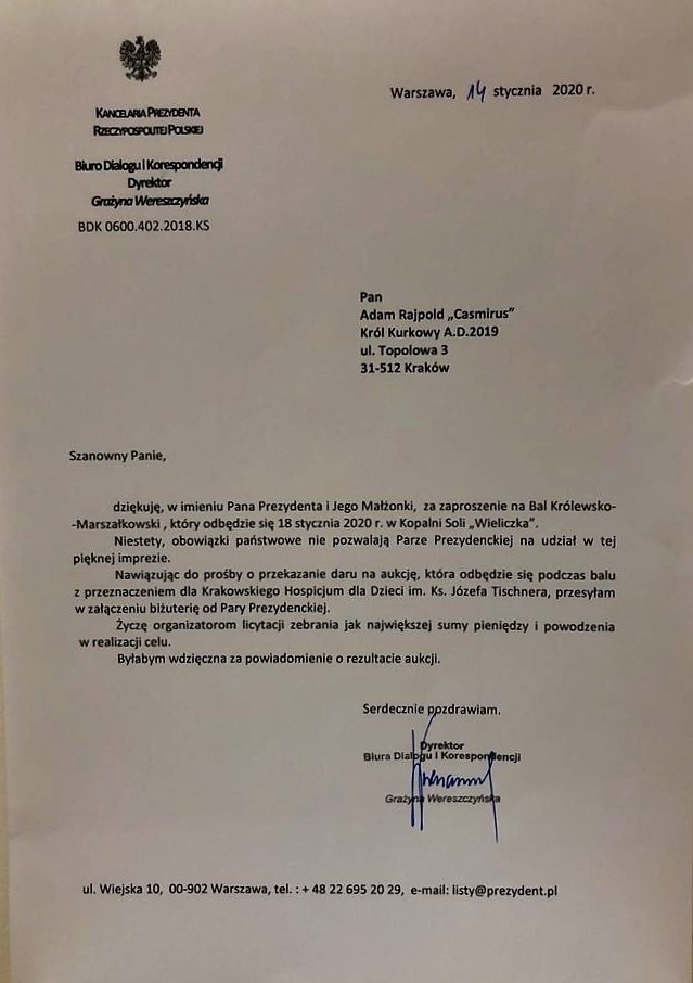 List z Kancelarii Prezydenta RP do króla ,,Casmirusa"