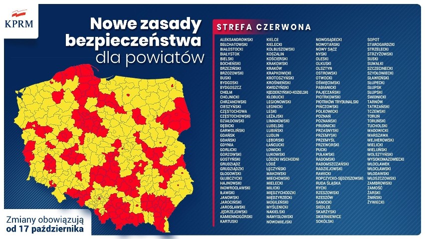 Strefy czerwone i strefy żółte - lista powiatów od 17...