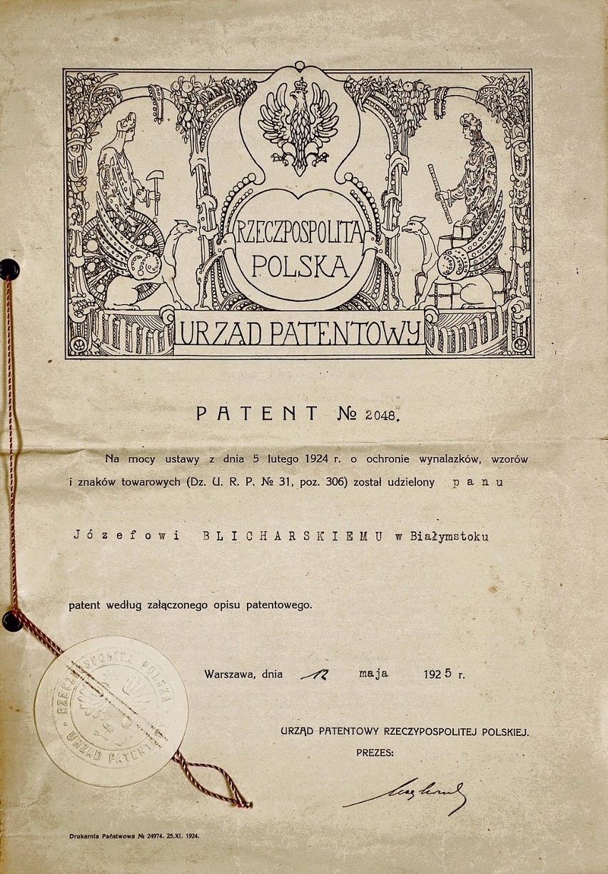 Patent na aparat kinematograficzny Józefa Blicharskiego z...
