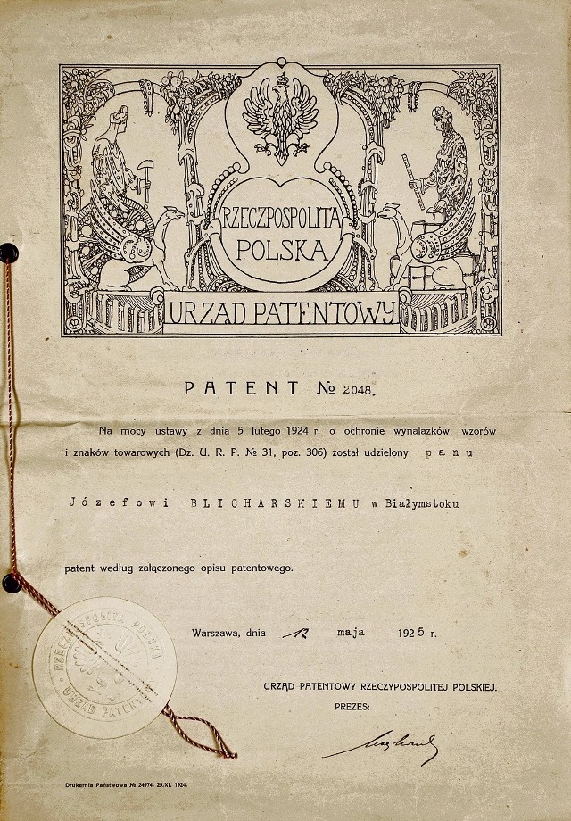 Patent na aparat kinematograficzny Józefa Blicharskiego z 1925 roku. 