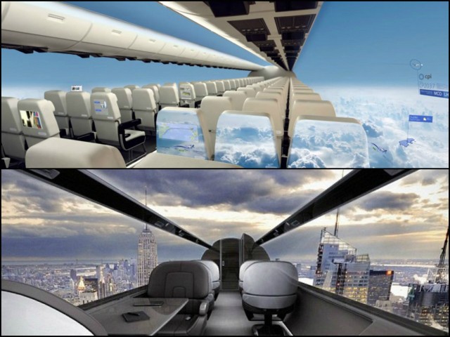 Efektywnie wyglądające wizualizacje są imitacją przezroczystego, szklanego kadłuba samolotu.