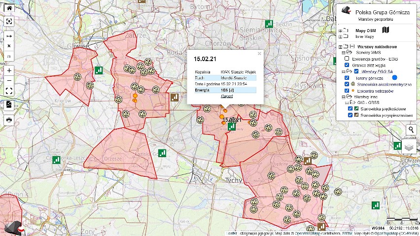 Mapa wstrząsów górniczych na Śląsku. Polska Grupa Górnicza...