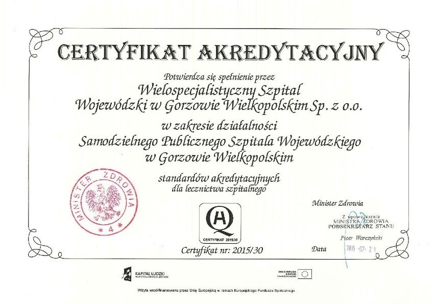 Certyfikat akredytacyjny Ministerstwa Zdrowia