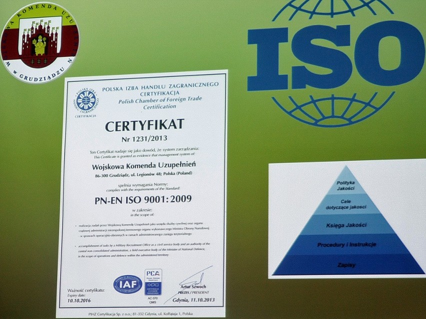 Certyfikat ISO dla Grudziądzkej Komendy Uzupełnień w dniu ich święta.