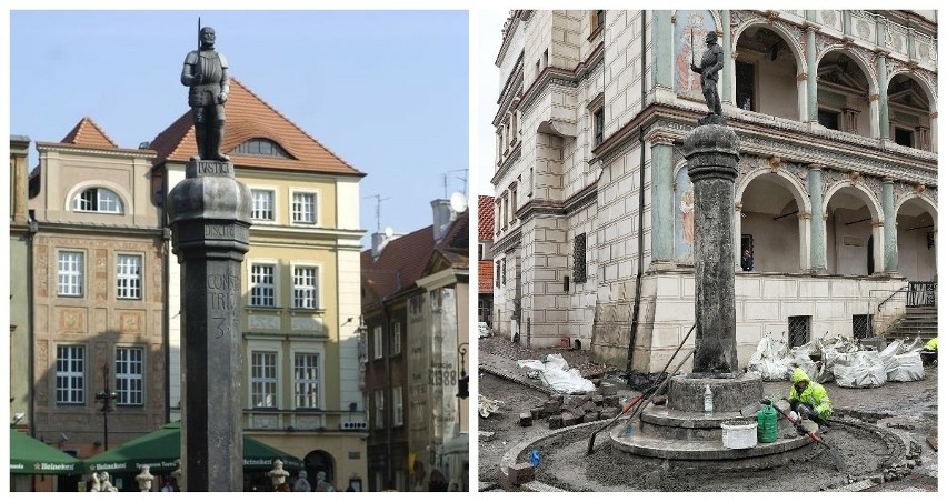 Po lewej zdjęcie pręgierza przed renowacją (2011 rok). Po...