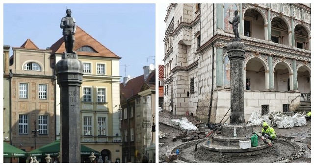 Po lewej zdjęcie pręgierza przed renowacją (2011 rok). Po prawej - odrestaurowany.