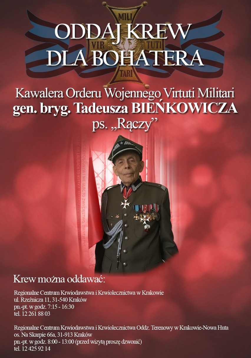 Kraków. Zbiórka krwi dla gen. bryg. Tadeusza Bieńkowicza